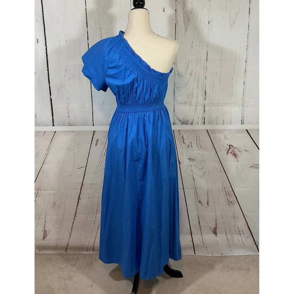 J. Crew One Shoulder Midi Dress Smocked Waist Pockets Blue Size S Wedding Resort